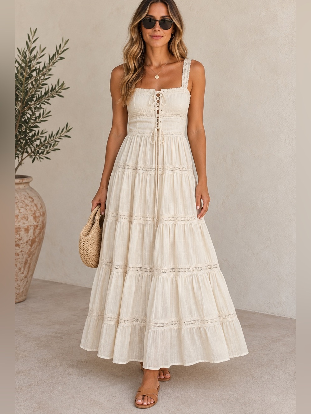 Sage the Label Bohemian Lace-Trim Cream Maxi Dress with Tie Front